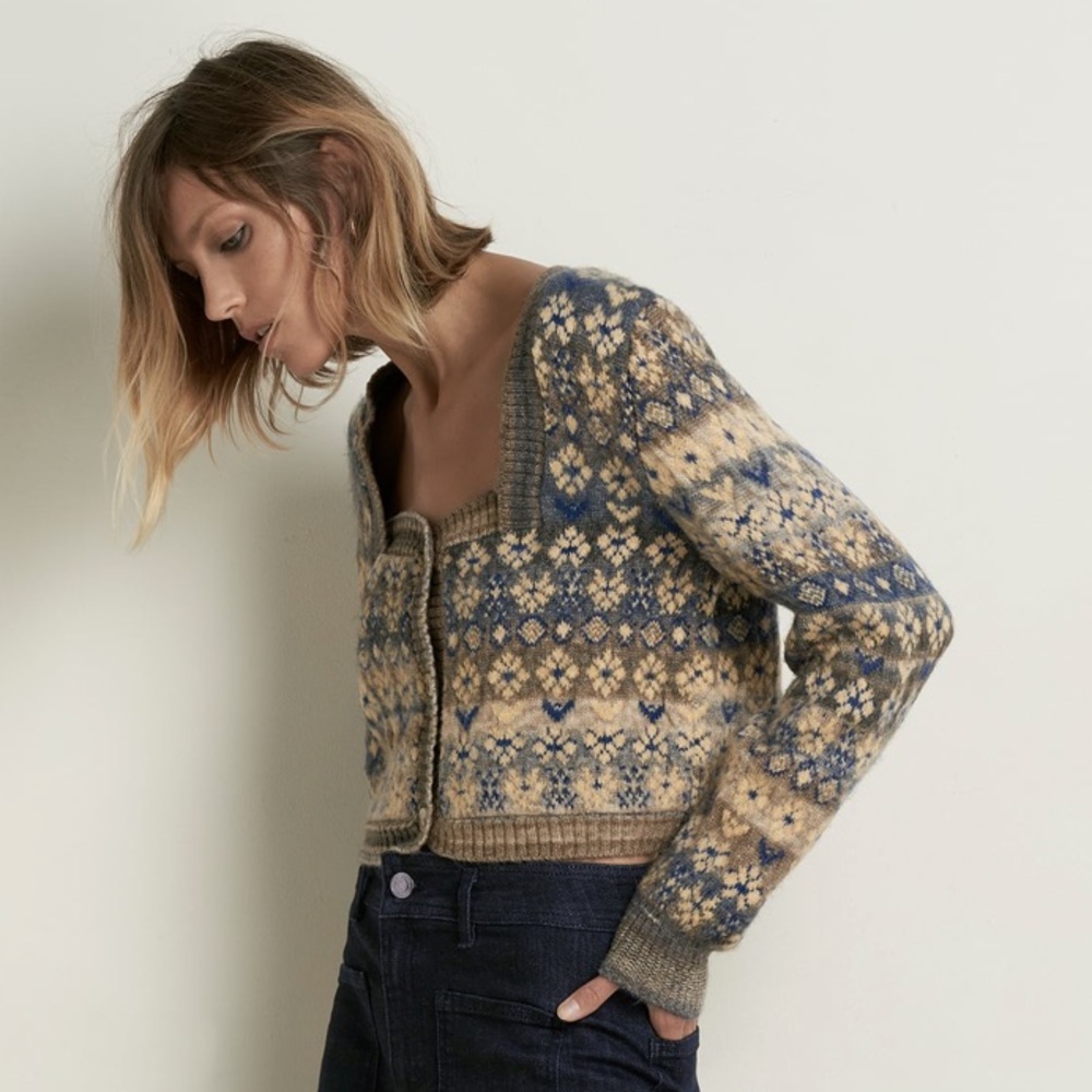 Zara knitted jacquard square neck buttoned boxy cardigan